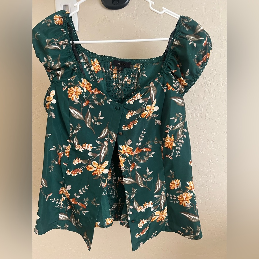 Forest Green Blouse with Yellow Floral Pattern